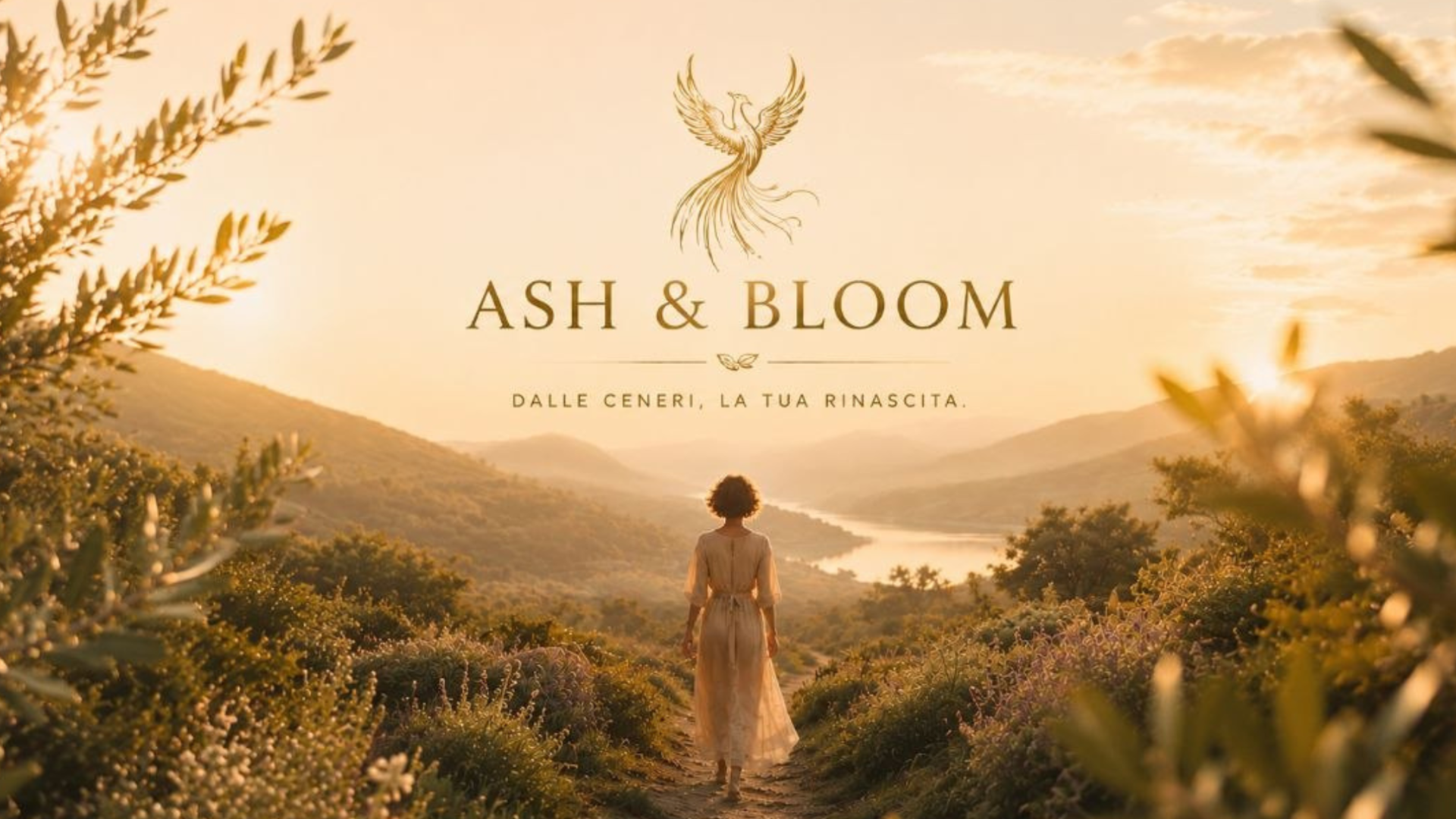 Carica il video: Immagine simbolica di una donna che si dirige verso un nuovo inizio in un paesaggio naturale sereno. Ash &amp; Bloom, brand dedicato al benessere, alla cura di sé e alla rinascita personale.